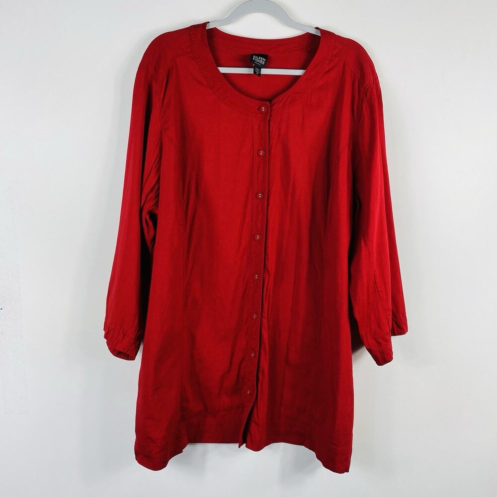 Eileen Fisher Tunic 2X Red Linen Viscose Stretch Stand Collar Swing Jacket S8VX
